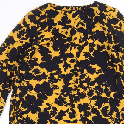H&M Womens Orange Floral Polyester Shift Size 8 Round Neck Button - Tie Sleeve Detail
