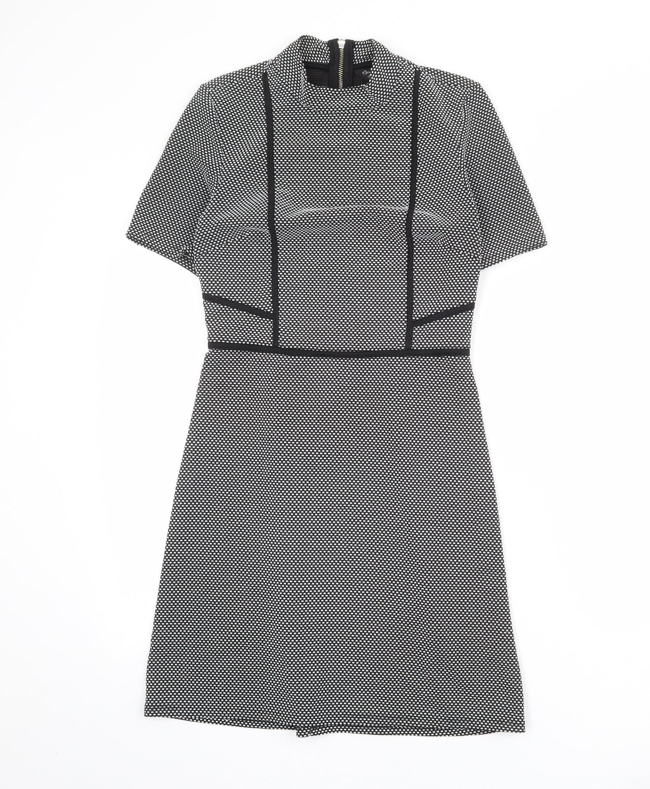 Miss Selfridge Womens Black Geometric Polyester Shift Size 8 Mock Neck Zip