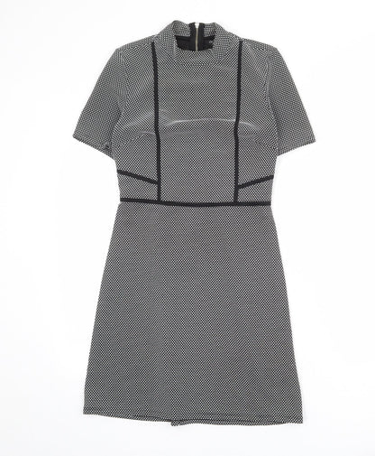 Miss Selfridge Womens Black Geometric Polyester Shift Size 8 Mock Neck Zip