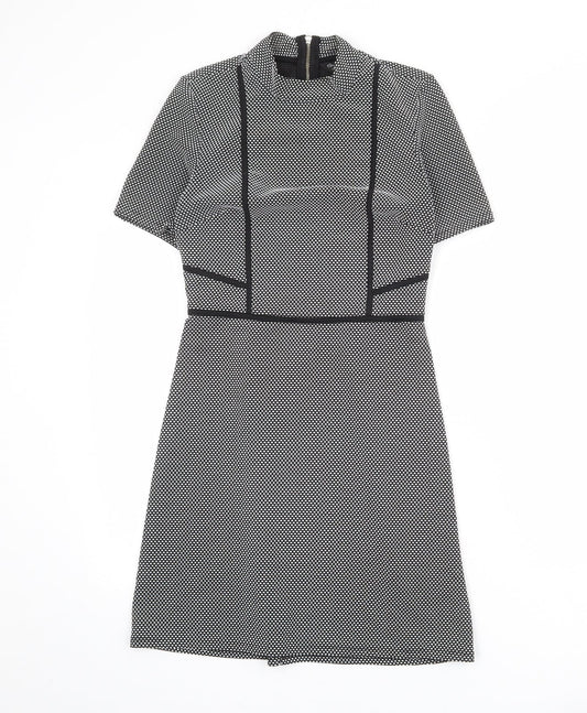 Miss Selfridge Womens Black Geometric Polyester Shift Size 8 Mock Neck Zip