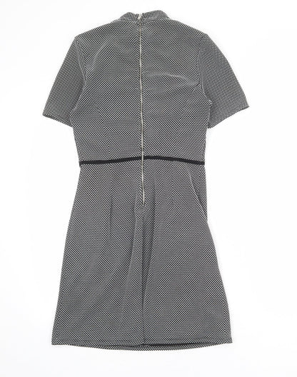 Miss Selfridge Womens Black Geometric Polyester Shift Size 8 Mock Neck Zip