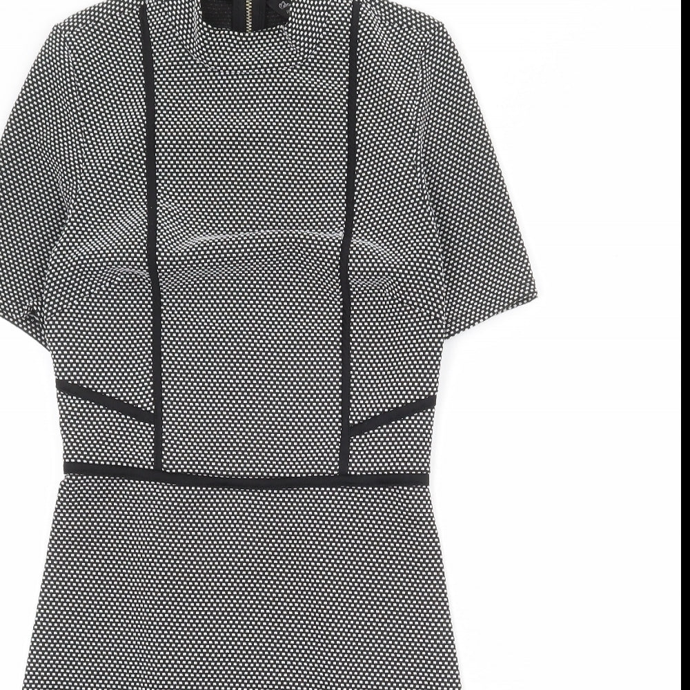 Miss Selfridge Womens Black Geometric Polyester Shift Size 8 Mock Neck Zip
