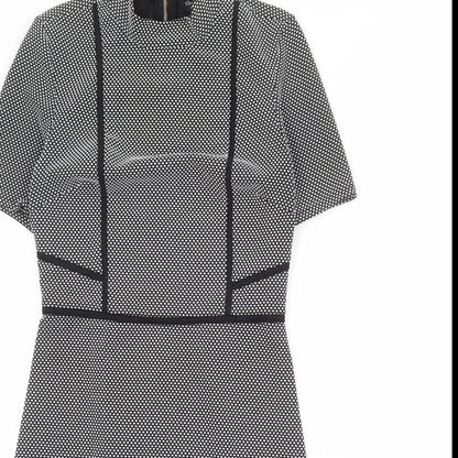 Miss Selfridge Womens Black Geometric Polyester Shift Size 8 Mock Neck Zip