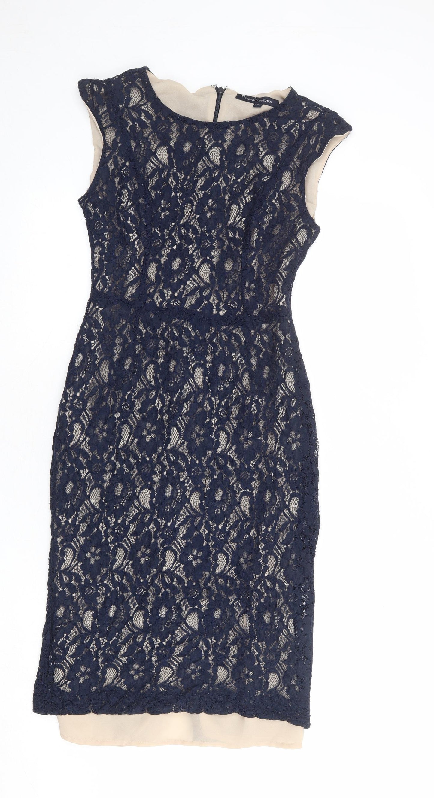 French Connection Womens Blue Polyester Pencil Dress Size 10 Boat Neck Zip - Lace Overlay