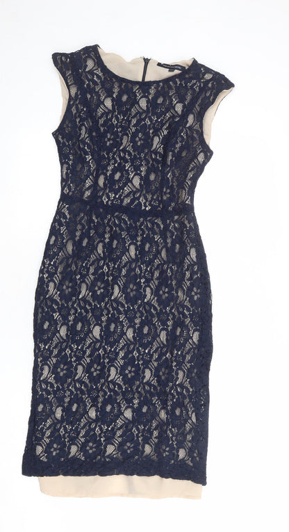 French Connection Womens Blue Polyester Pencil Dress Size 10 Boat Neck Zip - Lace Overlay