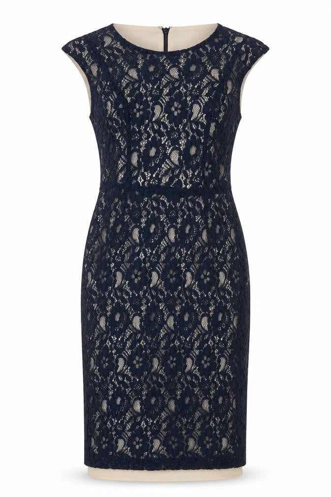 Front view of French Connection women’s blue polyester pencil dress, size UK 10, boat neck zip - lace overlay