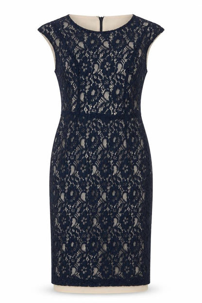 Front view of French Connection women’s blue polyester pencil dress, size UK 10, boat neck zip - lace overlay
