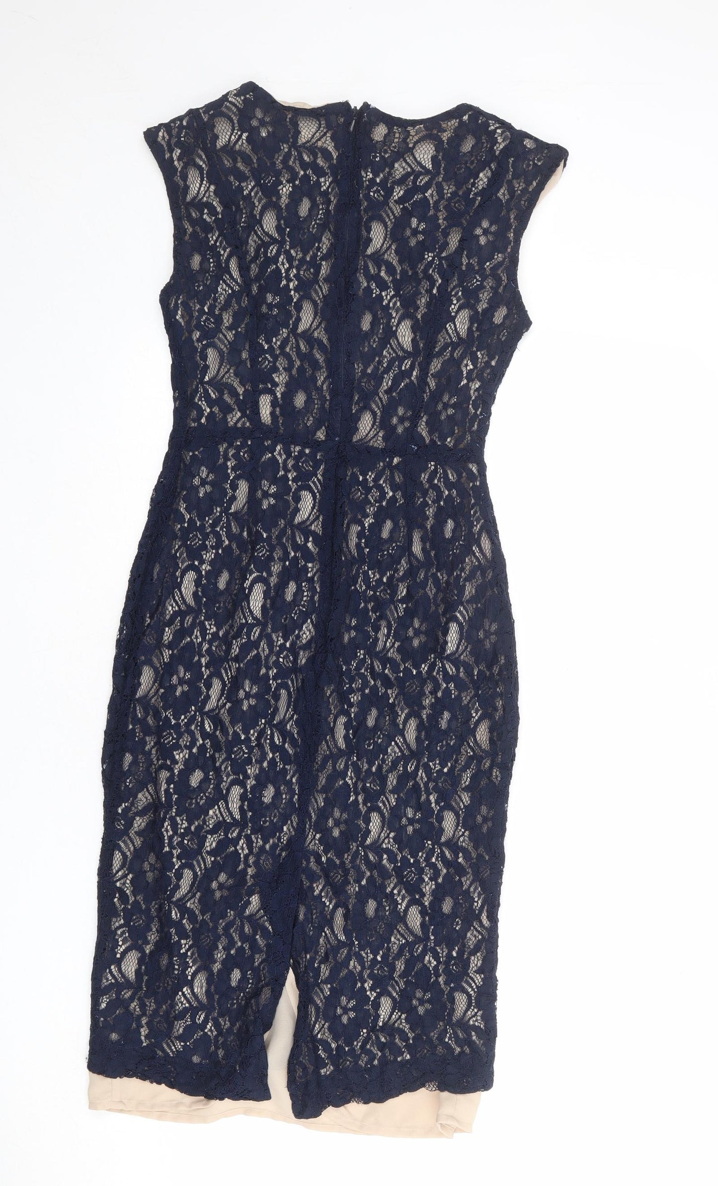 French Connection Womens Blue Polyester Pencil Dress Size 10 Boat Neck Zip - Lace Overlay