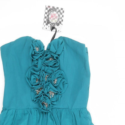 Frock and Frill Womens Blue Polyester Mini Size 10 Sweetheart Zip - 3D Flower Details Strapless