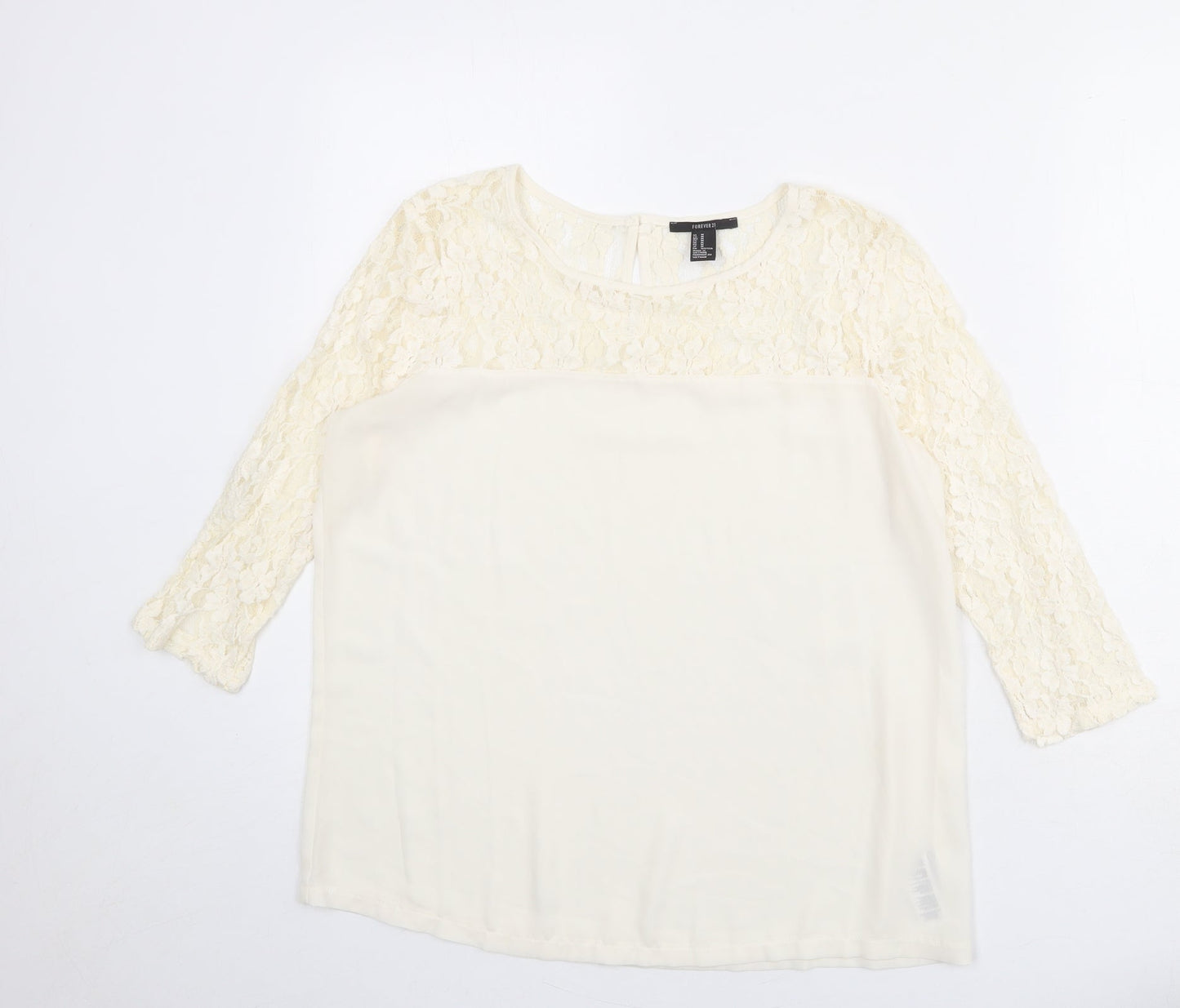 FOREVER 21 Womens Ivory Cotton Basic Blouse Size M Round Neck - Lace Neckline