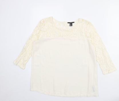 FOREVER 21 Womens Ivory Cotton Basic Blouse Size M Round Neck - Lace Neckline