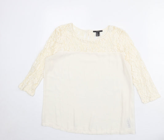 FOREVER 21 Womens Ivory Cotton Basic Blouse Size M Round Neck - Lace Neckline
