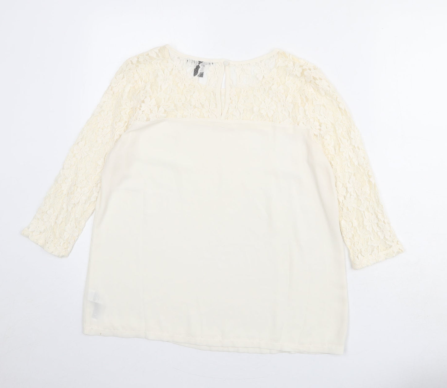 FOREVER 21 Womens Ivory Cotton Basic Blouse Size M Round Neck - Lace Neckline