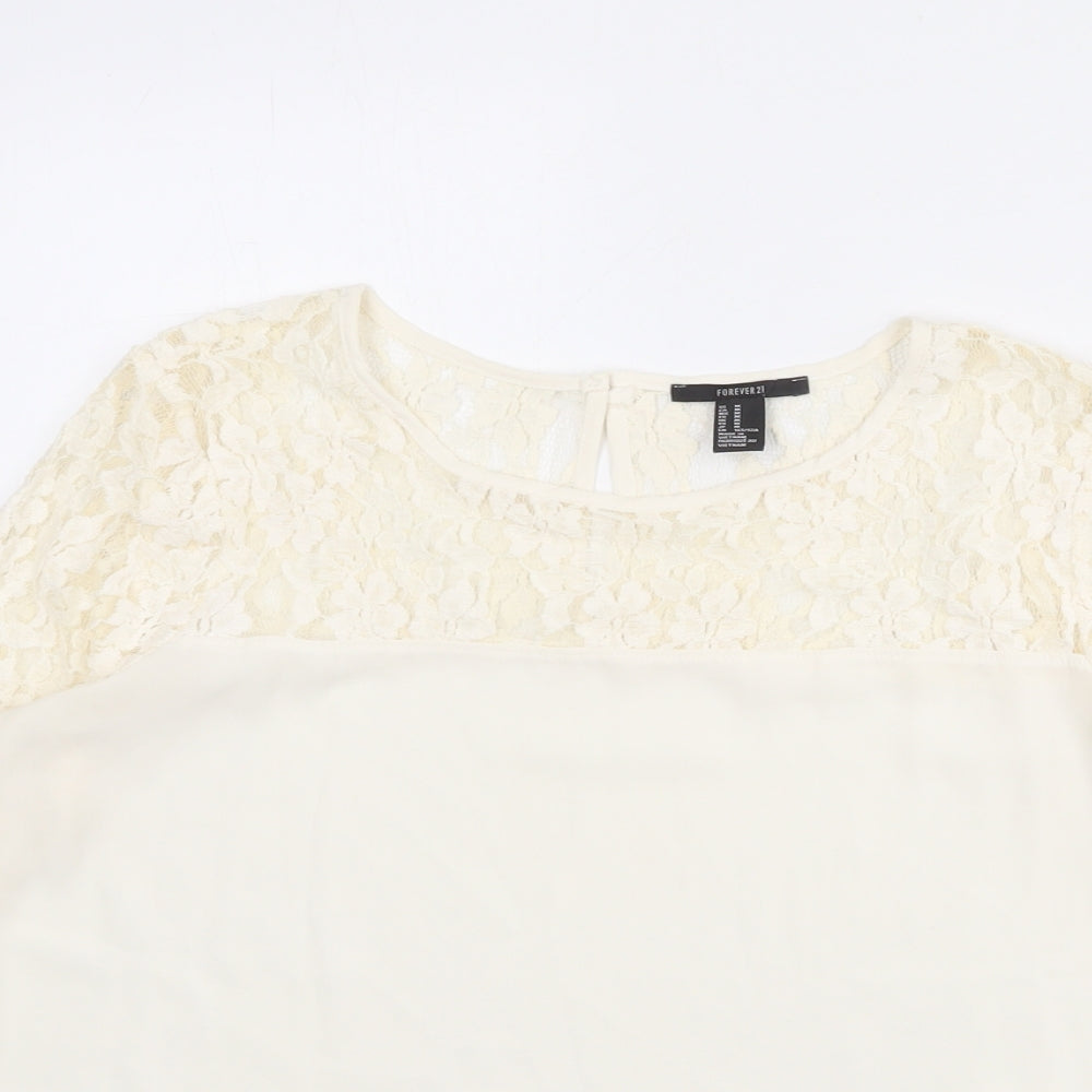 FOREVER 21 Womens Ivory Cotton Basic Blouse Size M Round Neck - Lace Neckline
