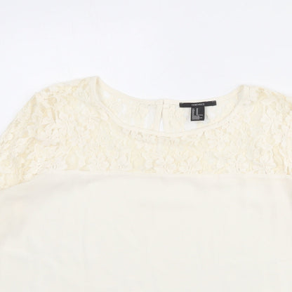 FOREVER 21 Womens Ivory Cotton Basic Blouse Size M Round Neck - Lace Neckline