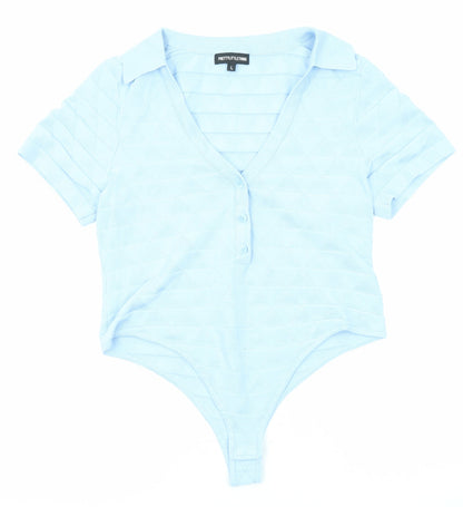 PRETTYLITTLETHING Womens Blue Viscose Bodysuit One-Piece Size L Snap