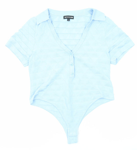 PRETTYLITTLETHING Womens Blue Viscose Bodysuit One-Piece Size L Snap