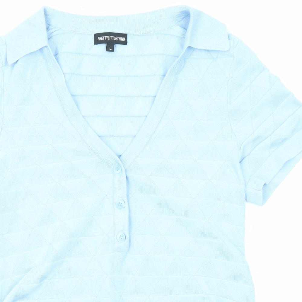 PRETTYLITTLETHING Womens Blue Viscose Bodysuit One-Piece Size L Snap