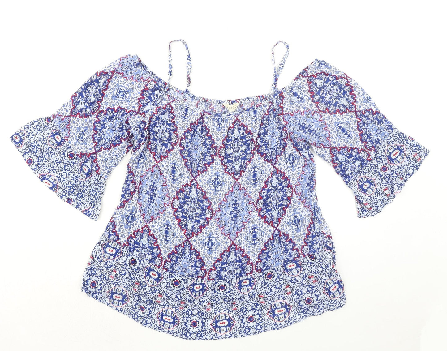 Indigo Womens Blue Geometric Viscose Basic Blouse Size 16 Boat Neck - Cold Shoulder