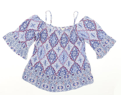 Indigo Womens Blue Geometric Viscose Basic Blouse Size 16 Boat Neck - Cold Shoulder