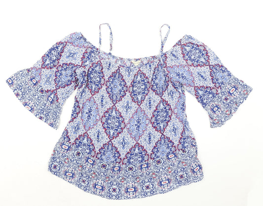 Indigo Womens Blue Geometric Viscose Basic Blouse Size 16 Boat Neck - Cold Shoulder