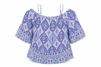 Indigo Womens Blue Geometric Viscose Basic Blouse Size 16 Boat Neck - Cold Shoulder
