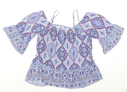 Indigo Womens Blue Geometric Viscose Basic Blouse Size 16 Boat Neck - Cold Shoulder