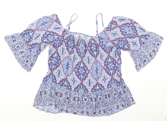 Indigo Womens Blue Geometric Viscose Basic Blouse Size 16 Boat Neck - Cold Shoulder