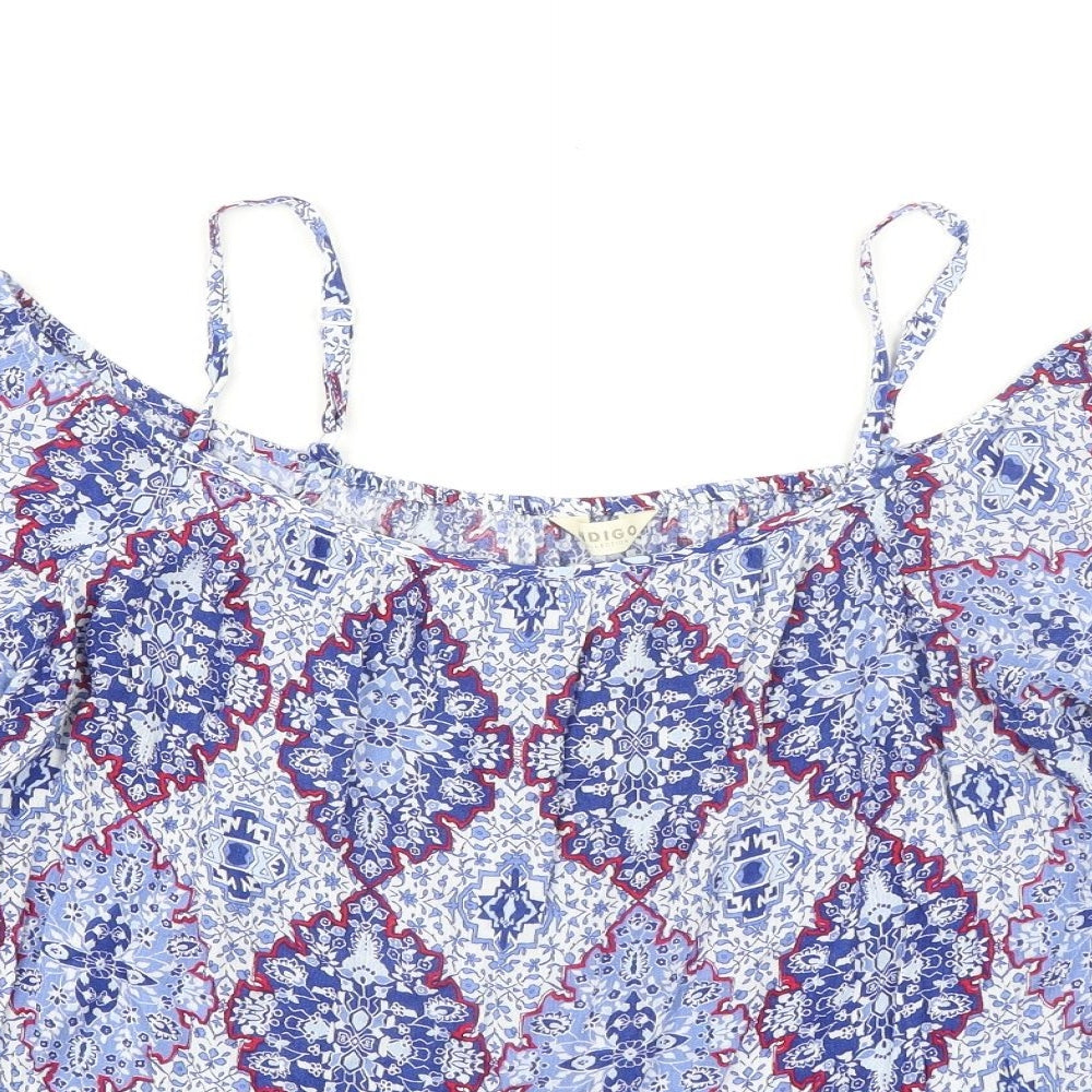 Indigo Womens Blue Geometric Viscose Basic Blouse Size 16 Boat Neck - Cold Shoulder