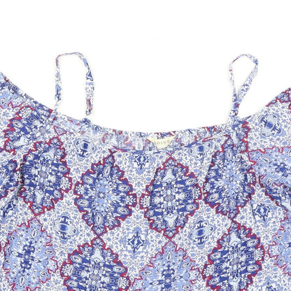 Indigo Womens Blue Geometric Viscose Basic Blouse Size 16 Boat Neck - Cold Shoulder