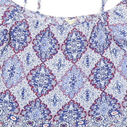 Indigo Womens Blue Geometric Viscose Basic Blouse Size 16 Boat Neck - Cold Shoulder