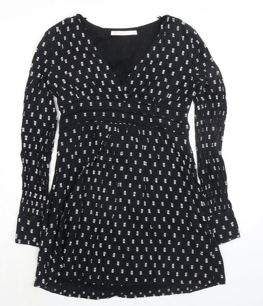 Zara Womens Black Geometric 100% Cotton A-Line Size XS V-Neck