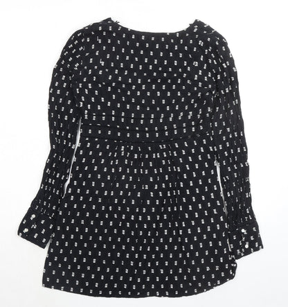 Zara Womens Black Geometric 100% Cotton A-Line Size XS V-Neck