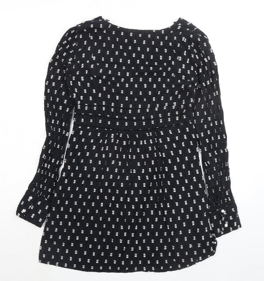 Zara Womens Black Geometric 100% Cotton A-Line Size XS V-Neck