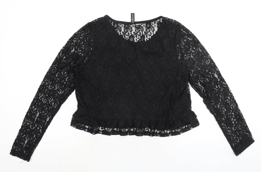 Divided by H&M Womens Black Floral Polyamide Basic Blouse Size L Round Neck