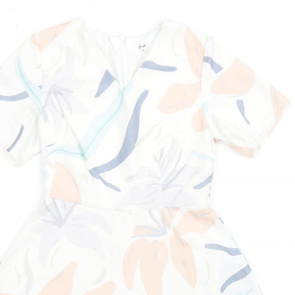 Fayth Womens White Geometric Polyester A-Line Size XS V-Neck Zip