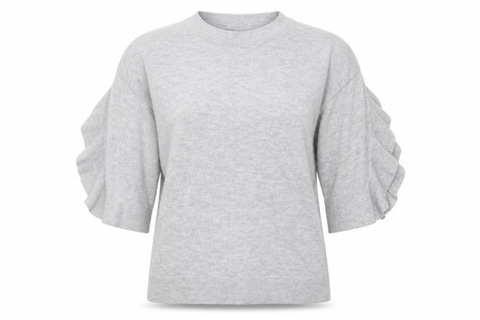 Front view of Miss Selfridge women’s grey round neck viscose jumper, size UK 8