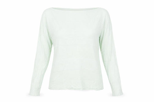 Front view of PURE Collection women’s green boat neck viscose jumper, size S