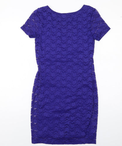 H&M Womens Blue Polyamide Pencil Dress Size S Boat Neck Pullover