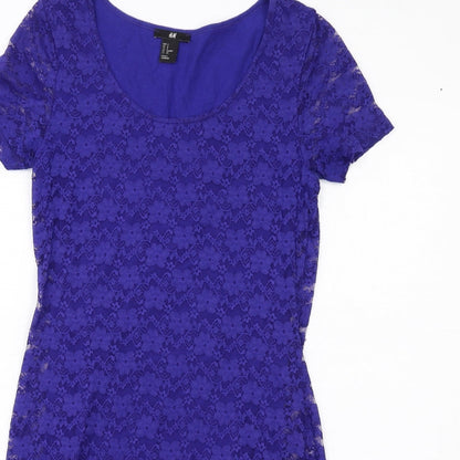 H&M Womens Blue Polyamide Pencil Dress Size S Boat Neck Pullover