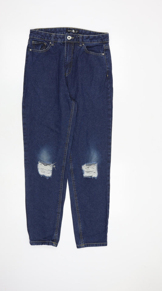 Boohoo Womens Blue Cotton Tapered Jeans Size 8 L28 in Regular Zip