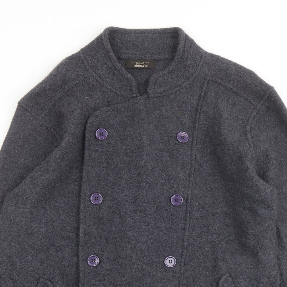 Zara Mens Blue Wool Pea Coat Coat Size XL Button