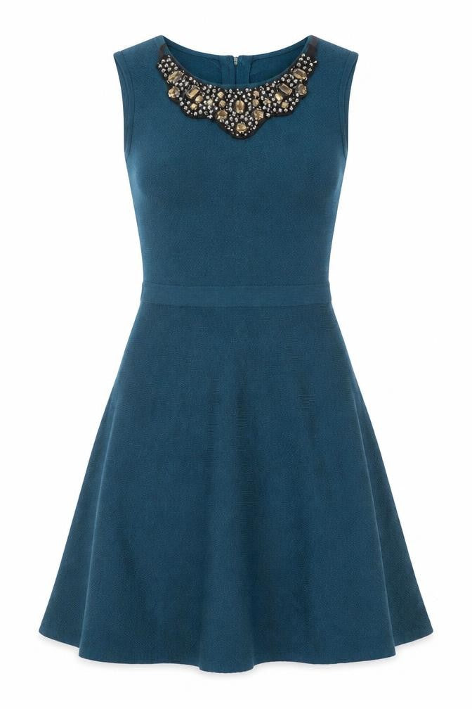 Clements Ribeiro Womens Blue Wool Skater Dress Size XS Boat Neck Zip - Embellished Neckline