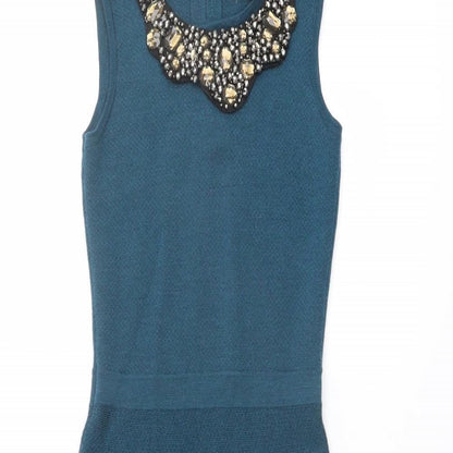 Clements Ribeiro Womens Blue Wool Skater Dress Size XS Boat Neck Zip - Embellished Neckline