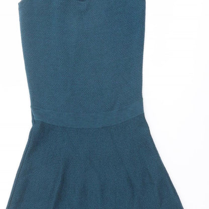 Clements Ribeiro Womens Blue Wool Skater Dress Size XS Boat Neck Zip - Embellished Neckline