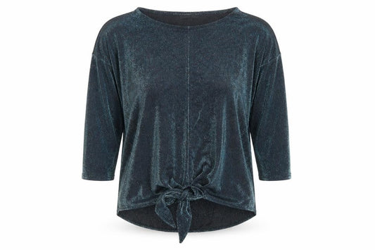 Front view of Principles women’s blue nylon basic blouse, size UK 10, boat neck - tie front detail