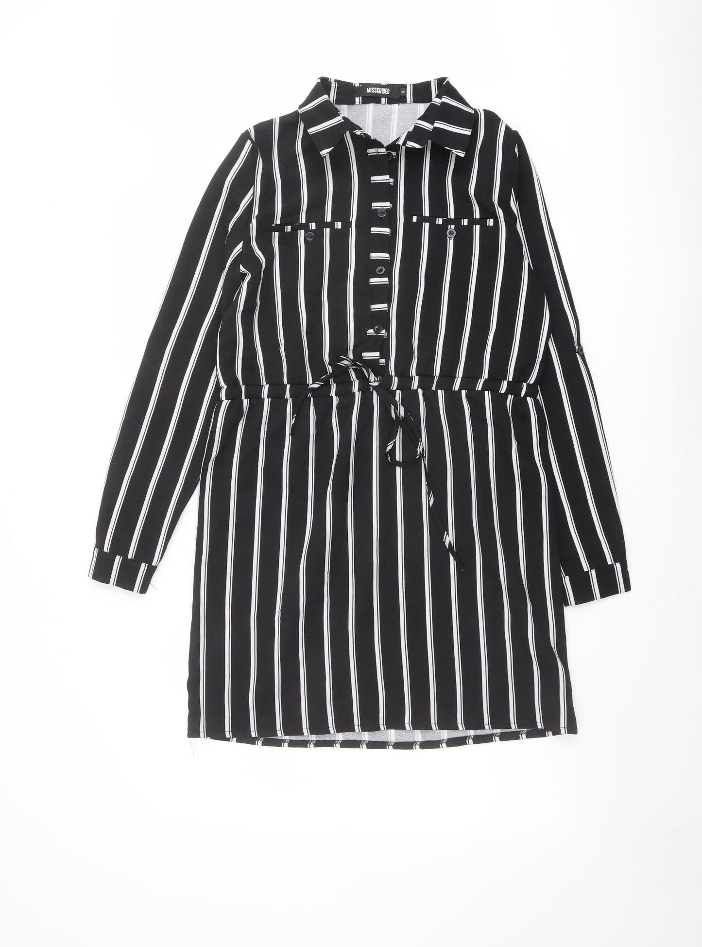 Missguided Womens Black Striped Polyester Shirt Dress Size 8 Collared Button
