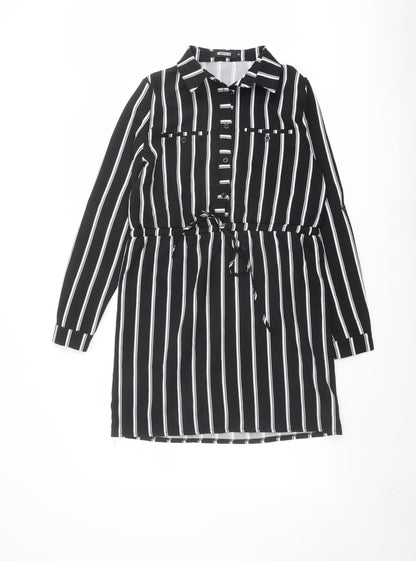 Missguided Womens Black Striped Polyester Shirt Dress Size 8 Collared Button