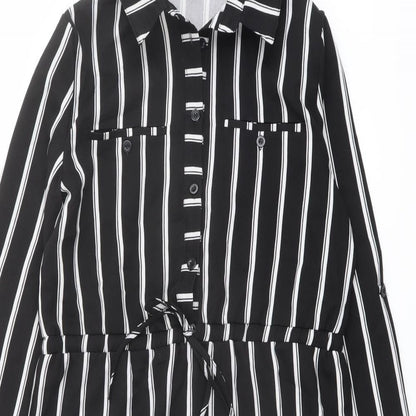 Missguided Womens Black Striped Polyester Shirt Dress Size 8 Collared Button