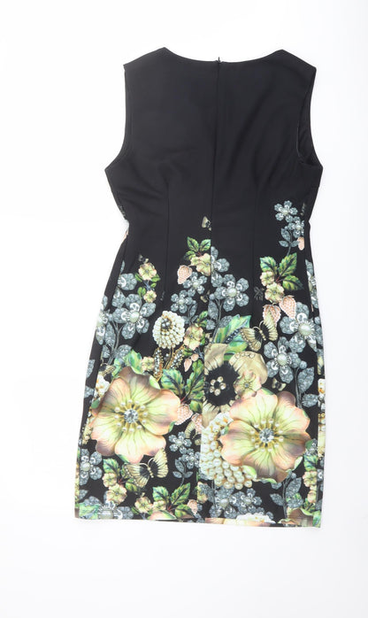 Tricotonic Womens Black Floral Polyester Shift Size XL Round Neck Zip